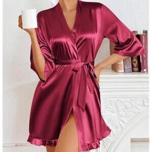 Women’s Wine Red Satin Kimono Robe Short Silk Feel Bridal Robe with Ruffled Hem